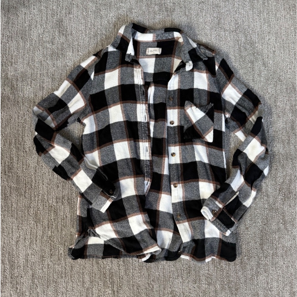 Altar'd State Black White Brown Plaid Flannel Button Down Shirt Small